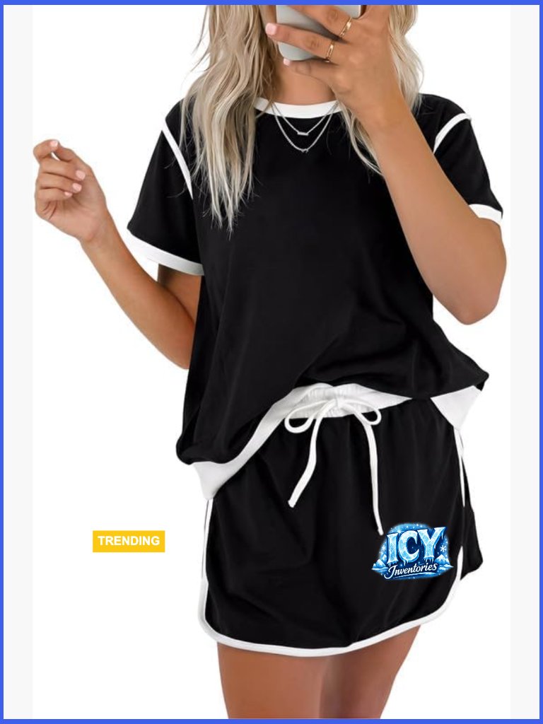 Skort Sets 2 Piece Outfits Color Block Short Sleeve T-Shirt Matching Lounge
